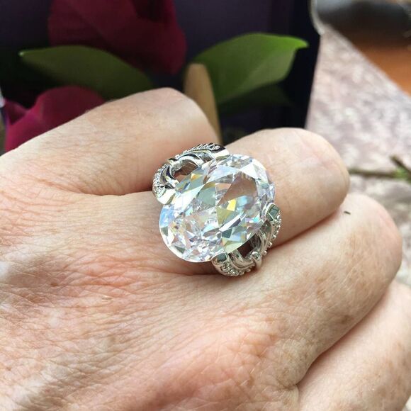 Large Cz Brass Rhodium Cocktail Ring - Picture 4 of 7